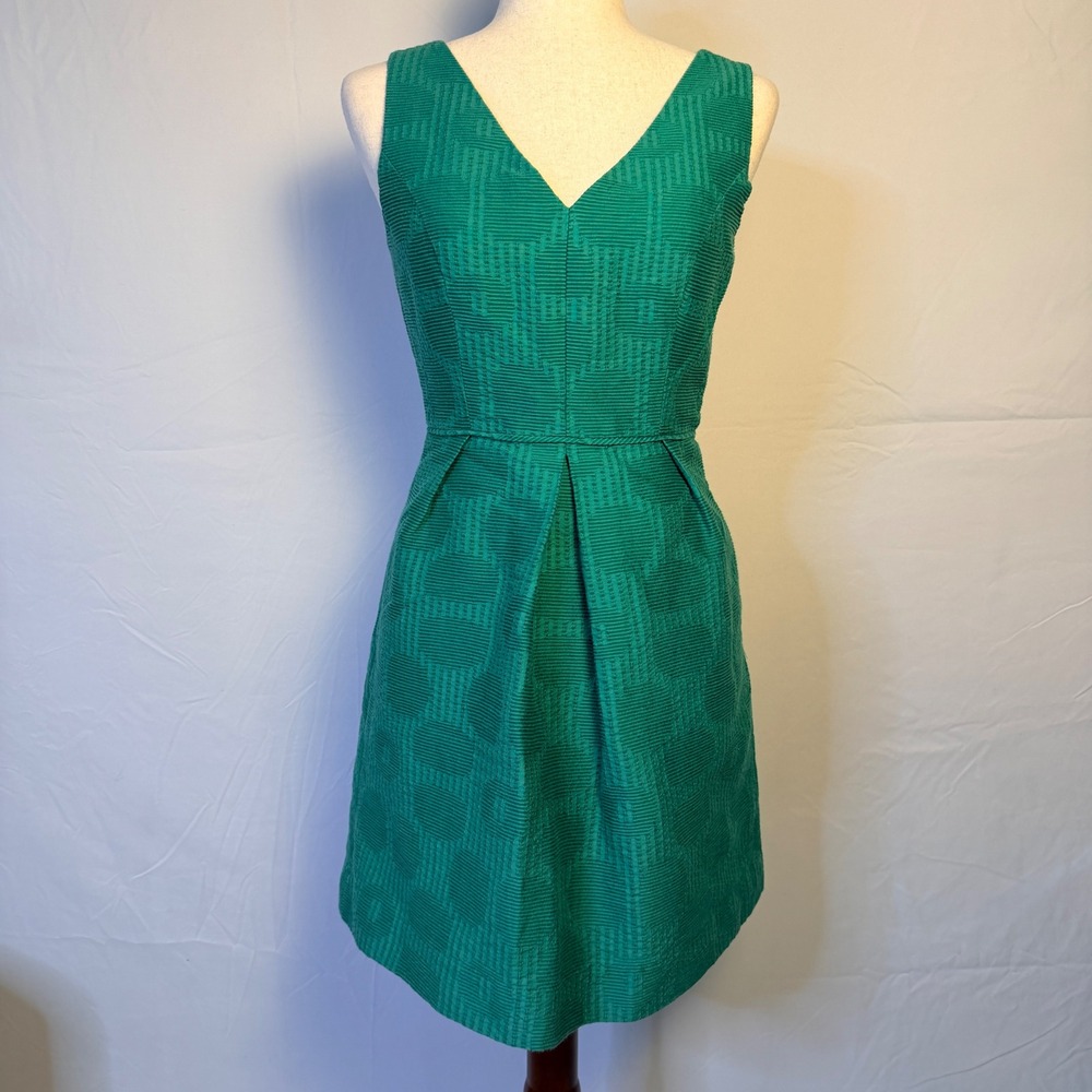 J.Crew Womens Green Textured Jacquard V-Neck Fit Flare Cocktail Dress Pockets 2